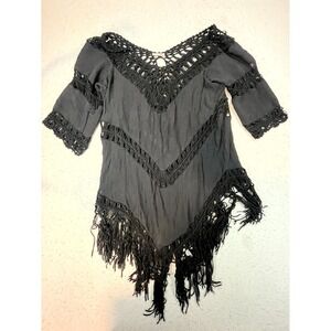 Choa Poncho Blouse Top Women One Size Black Cotton Crochet Fringe Beach Cover Up